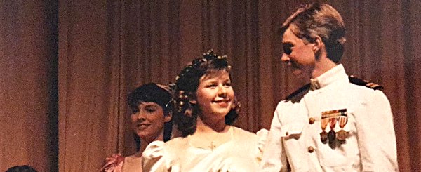 Karen Johnson as Maria and Terry Howell as Captain Von Trapp in the 1992 LHS production of The Sound of Music. Photo by Karen Hulbert Schindler lhs som Hulbert