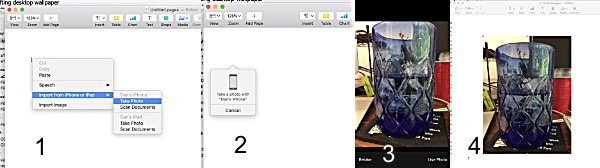 In this example I wanted to insert a picture of my glass of water into a Pages document. But I didn't have a picture of my glass of water. Continuity Camera let me choose where to insert it on the computer, and used the camera on my iPhone to get the picture. Mojave