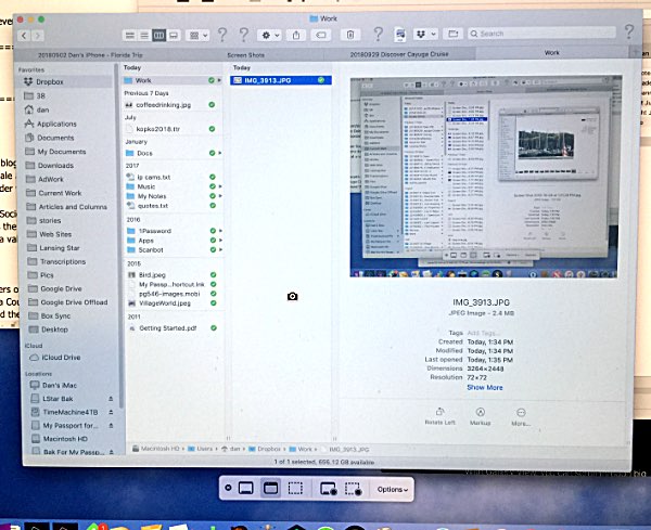 I have become accustomed to using Command-Shift-F4 and then choosing the area of my screen I want to take a screenshot of. But with Mojave I have already started using Command-Shift-F5, which brings up a little chooser at the bottom of the screen where I can pick screen shot and screen recording options for the whole screen, a particular window, or a selected area. Mojave