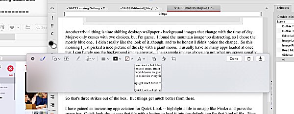 I took a screen shot of part of this article and clicked the thumbnail to bring up Quick Look so I could view and edit the screen shot. Mojave