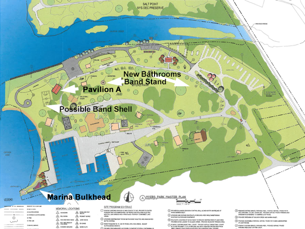 The Myers Park Master Plan proposes infrastructure improvements and repairs, and possibly a new bathroom structure, pavilion replacement, and band shell. Click for larger graphic. Myers Park Master Plan