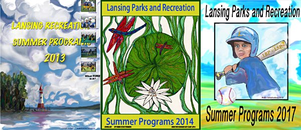 A few examples of Robin Schuttenberg's cover art for past Rec Department summer booklets Summer Booklets