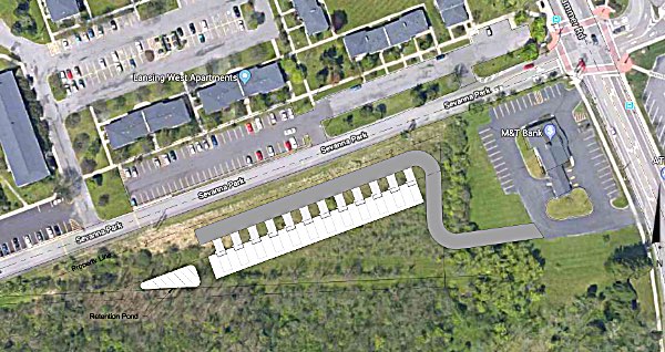 An early plan for Triphammer Row shows 12 townhouses, with access to Triphammer Road through the M&T Bank parking lot. graphics courtesy of Gary Bush, PE Triphammer Row