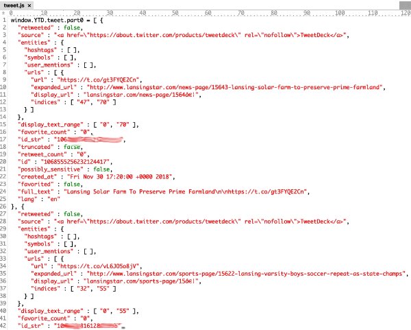 This is the beginning of a quite lard .JS file showing all the Lansing Star's tweets and associated data. It isn't that hard to figure out, but Twitter is not making it easy. You have to look at the approximately 45 separate files separately in a web browser or text editor, and this is what it looks like. twitter JSfile