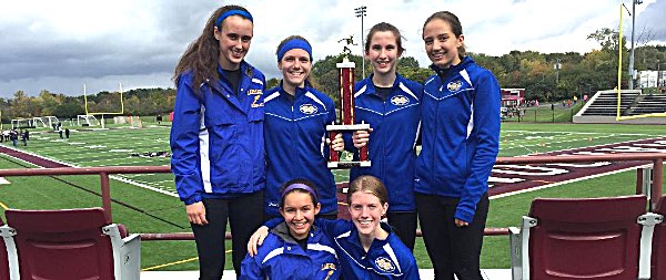Lansing varsity girls XC team with 1st place trophy at Auburn Invitational xc Lansing varsity girls 1st place trophy at Auburn Invitational