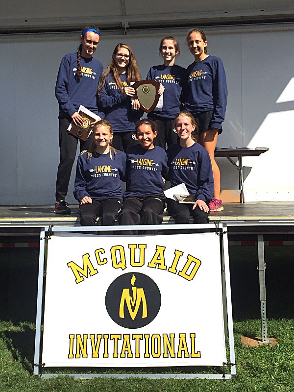 xc Varsity girls receiving champion plaque L R top Catie Eisenhut Eden Jackson Allison Keefe Teresa Garcia. Bottom Kinsley Jacobs Hana Thibault Emmy Jackson Photo by Becca Lovenheim