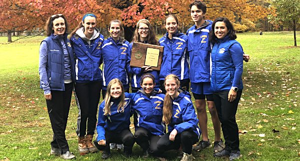 Back row (L-R): Coach Christine Eisenhut, Catie Eisenhut, Allison Keefe, Eden Jackson, Teresa Garcia, Jack Thomas, Coach Becca Lovenheim Front row (L-R): Kinsley Jacobs, Hana Thibault, Emmy Jackson xc meet qualifiers