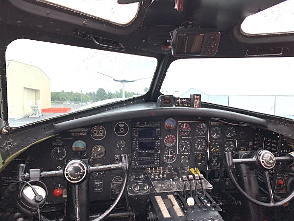 A view from the cockpit: some of the original flight instruments have been replaced with more modern ones that a working airplane in the present day needs B-17