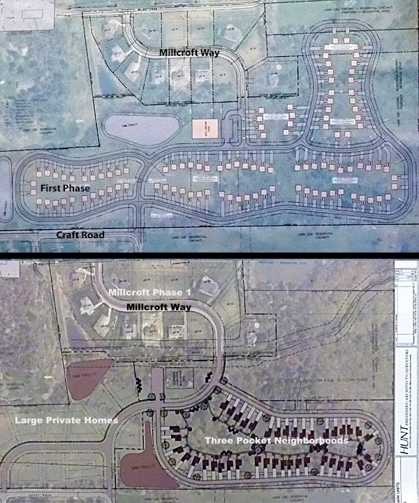 The Plan at the top was rejected by the Planning Board in December. It would have included 84 buildings, most cottages, and a few duplexes for a total of 97 rental units. At bottom is the plan presented Monday, with the number of cottages more than halved at 40, and lots for sale for 11 single family houses. Lansing Village Cottages Plans