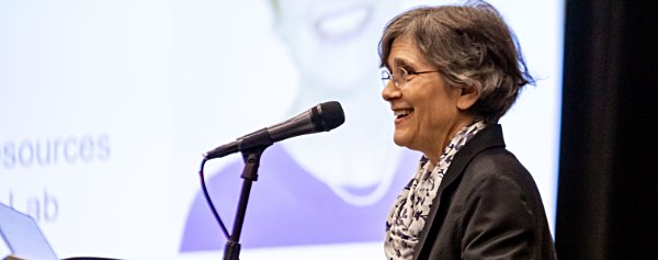 Marianne Krasny giving her acceptance speech during NAAEE's research symposium. Photo by Melissa Blackall cornell Krasny