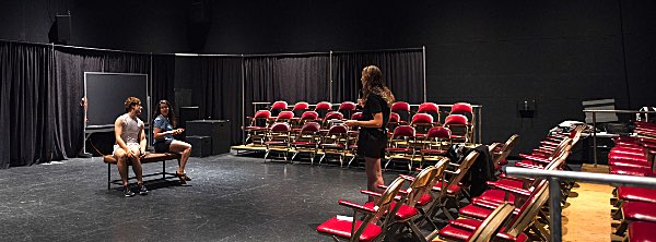 Abraham Moss '23 and Hannah Biener '21(seated), Shoshana Swell '20 cornell TwoLives Rehearsal5