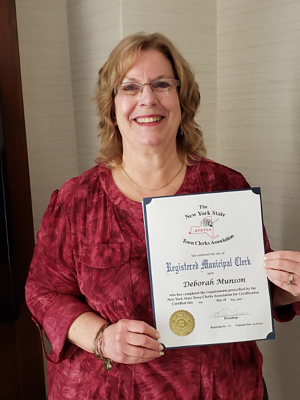 Lansing Town Clerk received Registered Municipal Clerk certification in Syracuse last week. Photo by Jessica Hall Lansing Town Clerk Debbie Munson