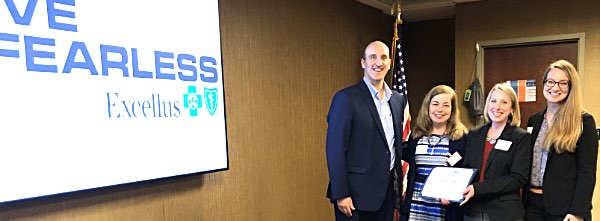Excellus BlueCross BlueShield Regional President Jim Reed presented one of the company’s Spring 2019 Community Health Awards to Kelly Quinn, Jessica Gosa and Danielle Klein of Foodnet Meals on Wheels foodnet Community Health Awards