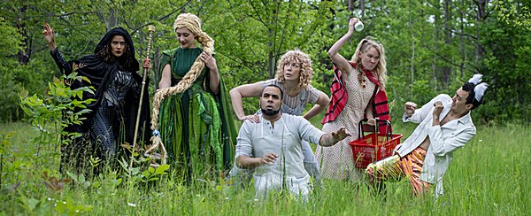 Left to right: Talia Thiesfield as The Witch, Bretana Turkon as Rapunzel, Aundre Seals as The Baker, Erica Steinhagen as The Baker's Wife, Sandrinne Edstrom as Little Red Riding Hood, Graham Stevens as The Wolf. Photo by Rachel Philipson. hangar ITW Pub 06142019RachelPhilipson 7174