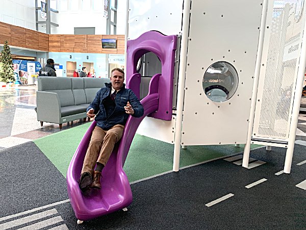 Tompkins County Legislator Mike Sigler (Lansing) testing the new airport facilities. Ithaca-Tompkins International Airport