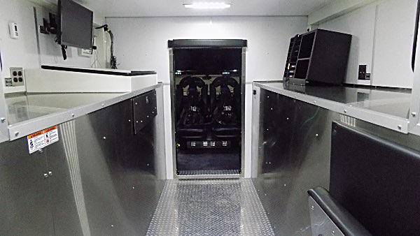 Looking toward the front, the command center is just behind the cab where emergency responders ride to emergency calls Lansing's Heavy Rescue Vehicle