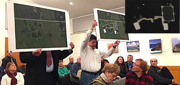 Eric Van Every (holding picture on the right) said Osmica is a major project, illustrating with before and after pictures. He said that even with dark sky lighting requirments the light output would be considerable (inset at upper right) Eric Van Every
