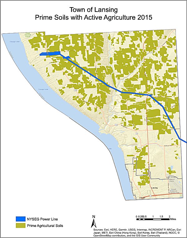 The blue line shows where high power lines run from the old power plant site across the Town of Lansing powerline lansing map