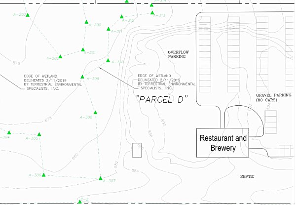 A preliminary plan showing the 3 1/2 acre property and placement of the brewery building. The Hesses told the Planning Board Monday that they are liikely looking at a smaller parking lot with a grassy buffer area and trees to help shield Milton Meadows from the brewery and provide overflow parking, and outbuildings including a band stand. Salt Point Brewery