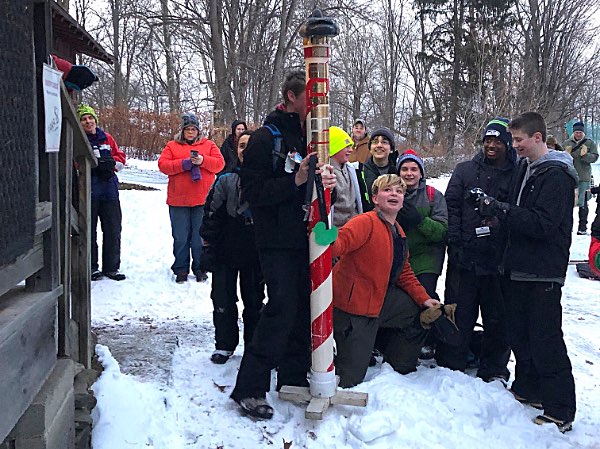 Ithaca Troop 2’s Baconator Patrol won the “Taughan-Duck” pole for being this year’s Winter Camporee champions scouts IMG 1642