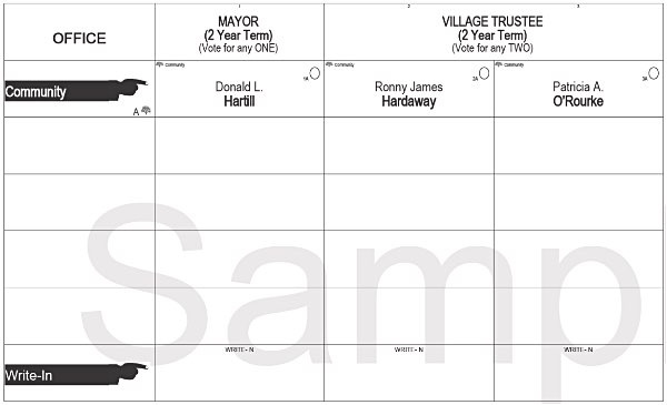 This is the ballot voters will find when they go to the polls April 23rd in the Village of Lansing Sample Village of Lansing Ballot