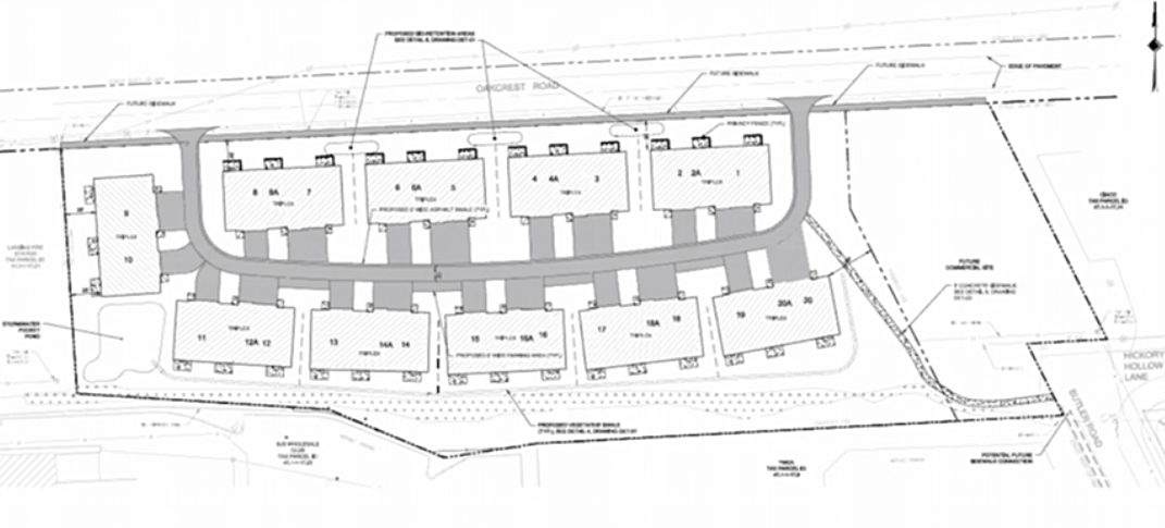 A possible future buildout of four more triplex buildings Possible future buildout
