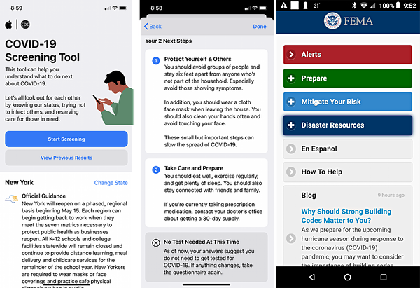 The iOS app (left) is probably the best of the bunch, but still not really necessary. The results of my screening (center) didn't tell me anything I didn't already know. The Android FEMA app (right) doesn't seem to do much for people concerned about the coronavirus COVID Apps