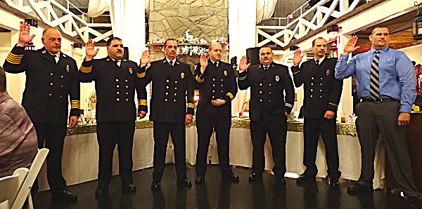 Lee Shurtleff swore in the 2020 Lansing Fire Department officers. Left to right: Chief Scott Purcell, Deputy Chief Brad George, Assistant Chief Todd Mix, Assistant Chief Joe Lisi, Captain Josh Nalley, Lieutenant Nelson Golden, Lieutenant Scott Walters. Not pictured: Lieutenants Michael Robinson and Tom Sill and Asstistant Chief Dennis Griffin Installation of Officers