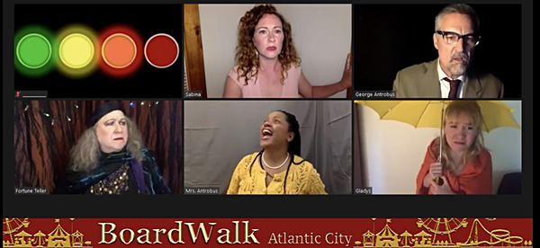 Left to right... Top: Darcy Rose, Stephen Cross. Bottom: Susannah Berryman, Cynthia Henderson, and Sandrinne Edström in the Hangar Theatre's first virtual Mainstage production, The Skin of Our Teeth. hangar boardwalk