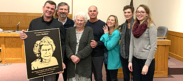From left: Parks & Recreation Supervisor Patrick Tyrrell, Supervisor Ed LaVigne, Joan Holden and her family Jeff Holden, Vicki Holden, Deb Beyea, Kristen Beyea Joan Holden