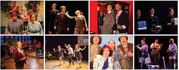 Clockwise from top left: I HAVE A SONG TO SING, O!; FIRST DAY; Lesley and Stephen dress up for opening night of COCK; WINTER TALES; Ithaca's Got It 2017; FOOLS! SCHMOOLS!; Dance the Night Away 2015; PHYSICS FAIR kitchen greeneshows