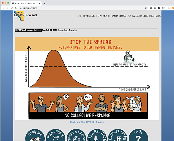 Click the graphic on the Town of Lansing Web site and you are taken to a page with national and local coronavirus resources Lansing Town Web Site