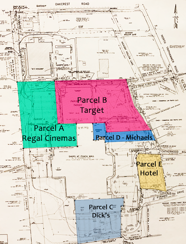The plan for the Shops at Ithaca Mall is to create five subdivisions, not counting what remains of the mall once the large stores are sold. Farrall confirmed that Target already owns its store, and noted that BJ's Wholesale Club is not owned by Namdar. The other four parcels that would go up for sale are Regal Cinemas; Michael's; the south end of the mall that contains Dick's, DSW, ultra Beauty, and Best Buy; and a lot behind the Clarion Hotel that is being considered for an extended-stay hotel. Mall Subdivisions