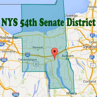 The 54th Senate District encompasses all or part of Tompkins, Cayuga, Wayne, Ontario, Seneca, and Monroe Counties. Sigler hopes to win the endorsement of all six Republican Committees. 54th Senate District