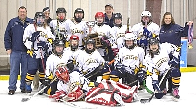 Front row: Goalie Catie Eisenhut. Second row: Dori Shipman, Alexandra Starostina, Elizabeth Talty, Amy Milner, Abbie Correll. Back row: Team Manager Kevin Talty, Mercedes Crawford, Assistant Coach Tony Eisenhut, Sofia Riccio, Nicole Nixon, Ericka Oplinger, Head Coach Eric Eisenhut, Hannah Wendel, Charlotte Rowe, Assistant Coach CJ DelVecchio. Photo by Elizabeth Peck iss_12-14u