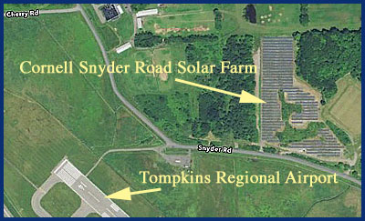 This 2MW solar array on Snyder Road provides about 1% of Cornell University's electricity. It includes 6,778 solar panels on 10 acres and produces 2.5M kWh annually. Cornell Solar Array