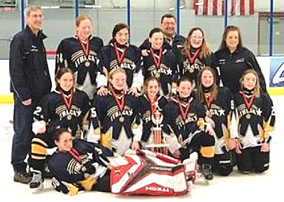 Front row: Goalie Catie Eisenhut. Second row: Amy Milner, Ericka Oplinger, Elizabeth Talty, Dori Shipman, Nicole Nixon and Alexandra Starostina. Back row: Head Coach Eric Eisenhut, Sofia Riccio, Abby Correll, Hannah Wendel, Team Manager Kevin Talty, Mercedes Crawford, Assistant Coach CJ DelVecchio. Not pictured: Assistant Coach Tony Eisenhut. Photo taken by Helen Talty. shootingstars-0114